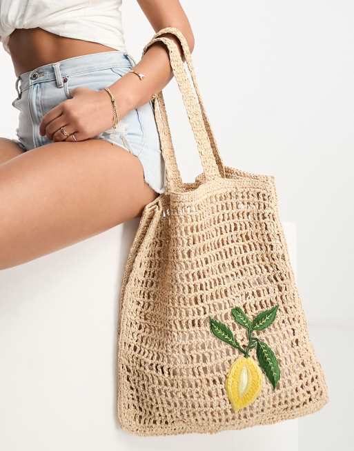 Accessorize straw tote bag with embroidered lemon in beige ASOS