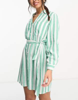 Accessorize Stripe Dipped Hem Beach Shirt In Green And White