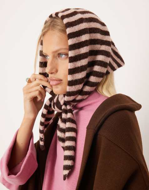 Accessorize stripe large knit triangle scarf in brown and pink - view 1