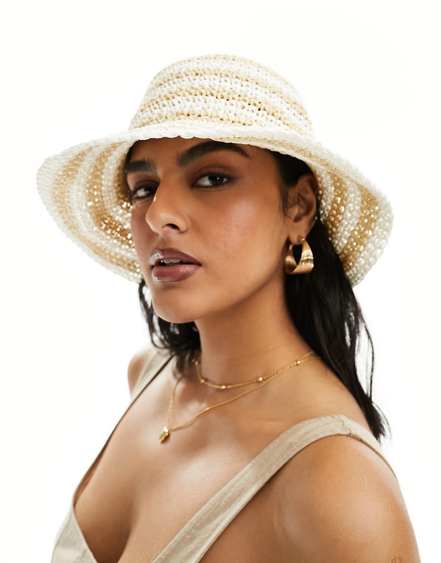 Accessorize stripe straw bucket hat in white/natural
