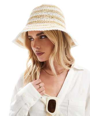 Accessorize stripe straw bucket hat in white/natural - view 1