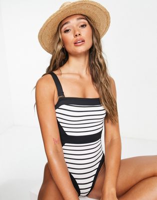 Accessorize stripe with belt detail swimsuit in black  white