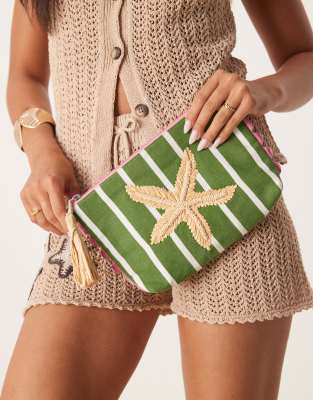 Accessorize Accessorize striped starfish beach clutch in green stripe