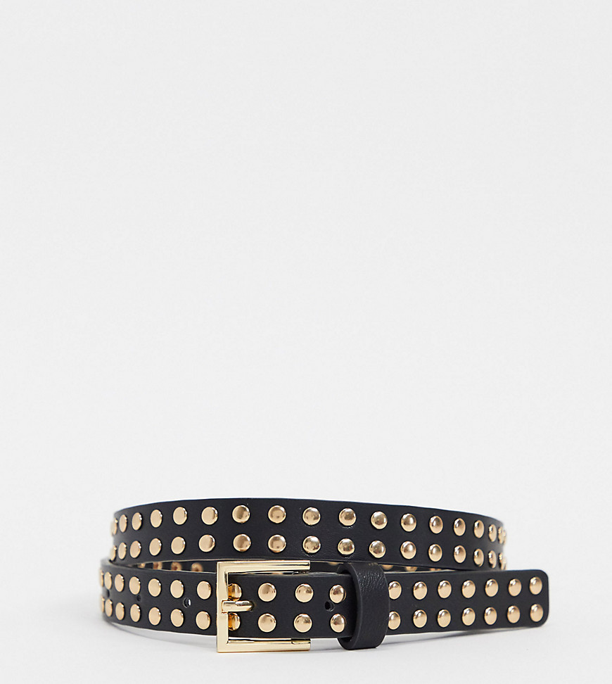 Accessorize studded belt with gold buckle in black