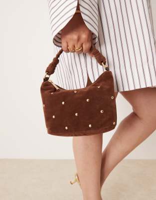 studded faux suede handheld bag in brown