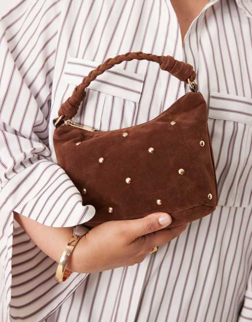 Accessorize studded faux suede handheld bag in brown