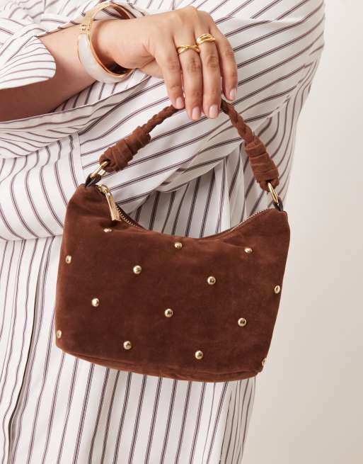 Accessorize studded faux suede handheld bag in brown