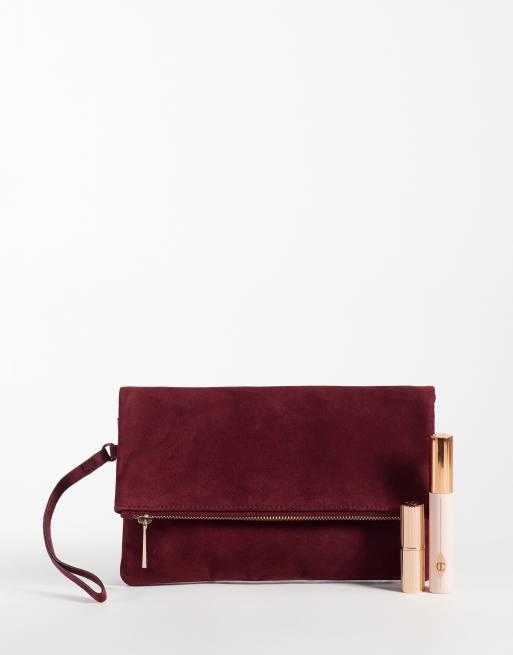 Accessorize suede foldover clutch in burgundy, 2 of 4