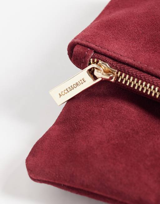 Accessorize suede foldover clutch in burgundy, 3 of 4