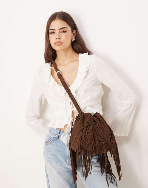 Accessorize suede fringe bucket bag in chocolate brown - view 1