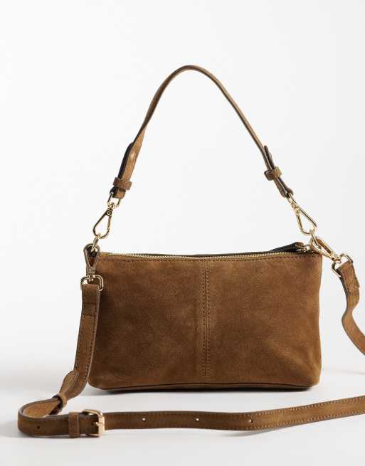 Accessorize suede handheld shoulder bag with crossbody strap in tan, 3 of 4