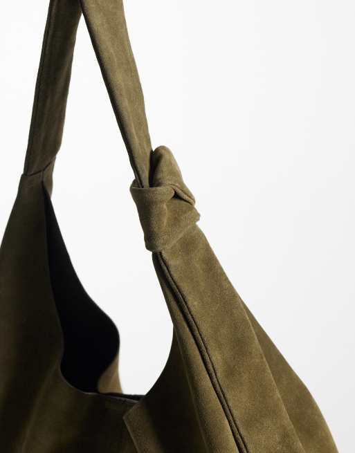 Accessorize suede knot slouch shoulder bag in khaki, 3 of 4