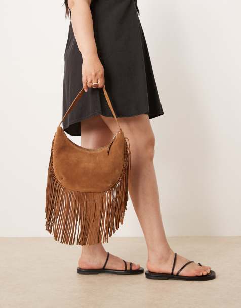 Accessorize suede leather fringe scoop shoulder bag in tan - view 1