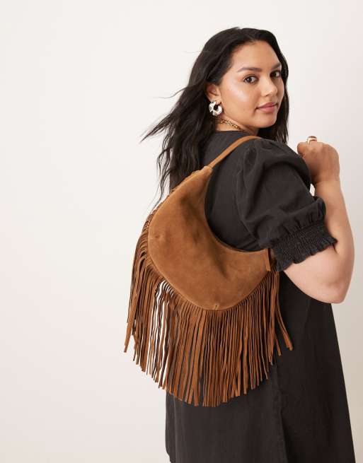 Accessorize suede leather fringe scoop shoulder bag in tan