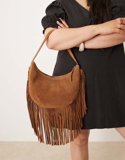 Accessorize suede leather fringe scoop shoulder bag in tan