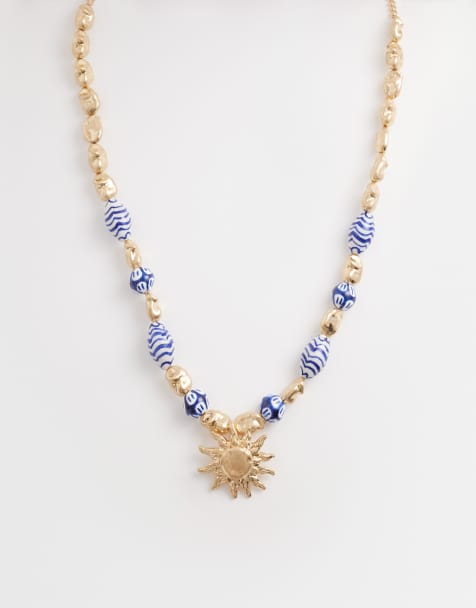 Accessorize sun charm Riviera beaded neckalce in blue - view 1