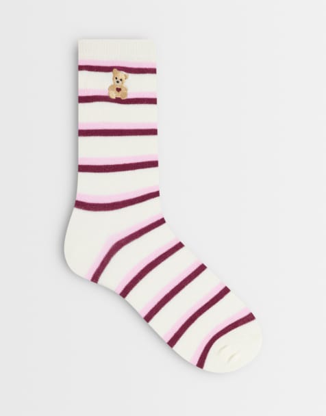Accessorize teddy stripe socks in pink and white - view 1