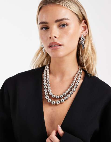 Accessorize – Tenngrått halsband med kulor i olika stenar och två rader - view 1