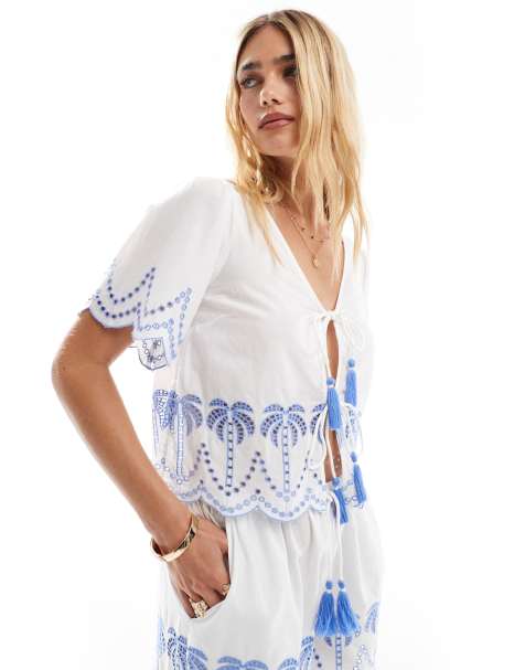 Accessorize tie front beach shirt with embroidery detail in white - view 1