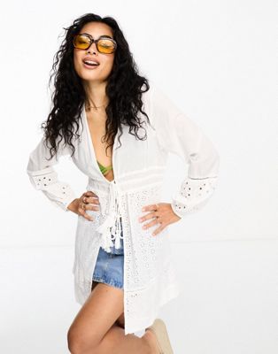 Accessorize tie front broidery long sleeve cover up beach dress in white