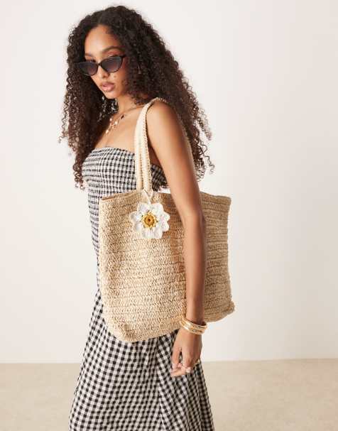 Accessorize – Torba typu shopper z rafii w kolorze naturalnym ze stokrotkami - view 1