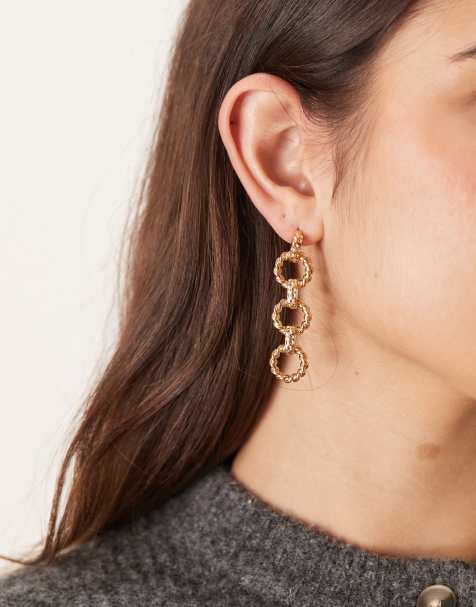 Accessorize triple chain link long drop earrings in gold tone - view 1