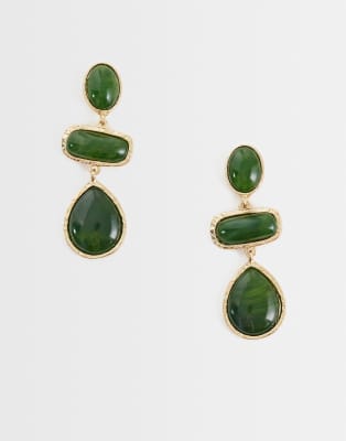 Accessorize triple green stone statement drop earrings in gold