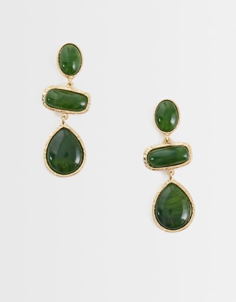 Accessorize triple green stone statement drop earrings in gold - view 1