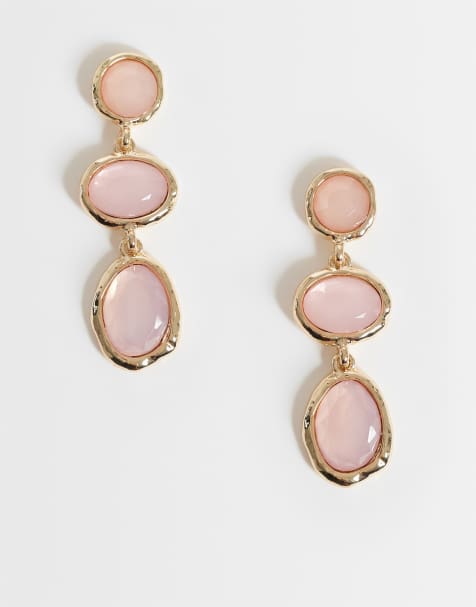 Accessorize triple pink gem drop earrings in gold - view 1