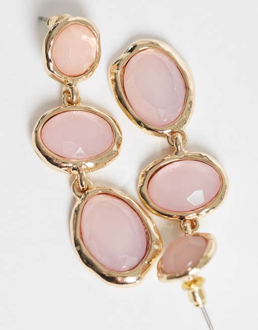 Accessorize triple pink gem drop earrings in gold, 4 of 4