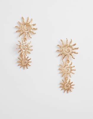 triple sun long drop earrings in gold tone