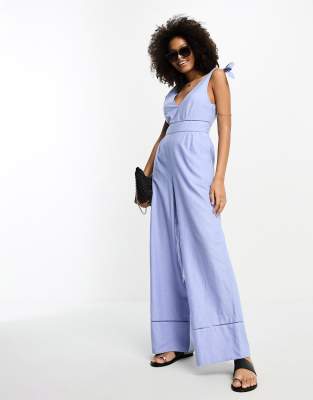 Accessorize Accessorize v front summer jumpsuit in cornflower blue