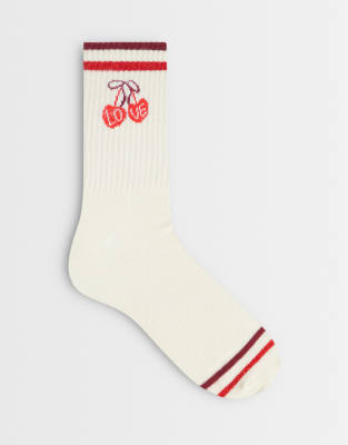 Accessorize Varsity Stripe Cherry Socks In White