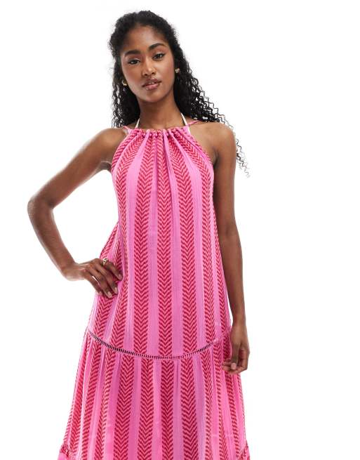 Accessorize - Vestito da mare lungo allacciato al collo rosa e rosso testurizzato, 2 di 4