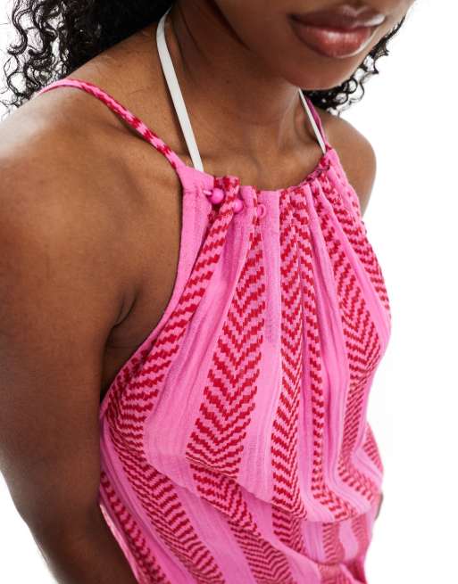 Accessorize - Vestito da mare lungo allacciato al collo rosa e rosso testurizzato, 3 di 4