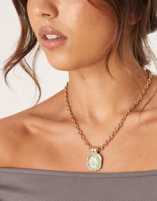 Accessorize vintage style green stone pendant necklace in gold tone