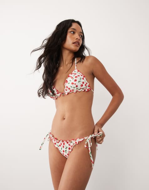 Accessorize – Vit bikiniunderdel med körsbärsmönster och kontrastfärgad kant - view 1