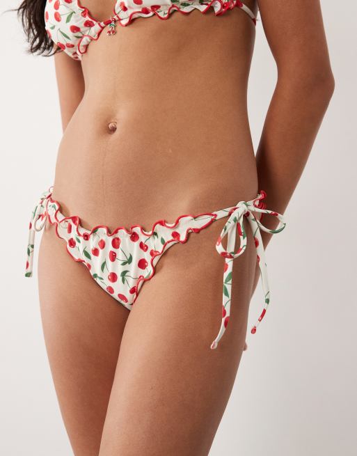 Accessorize – Vit bikiniunderdel med körsbärsmönster och kontrastfärgad kant, 3 av 4