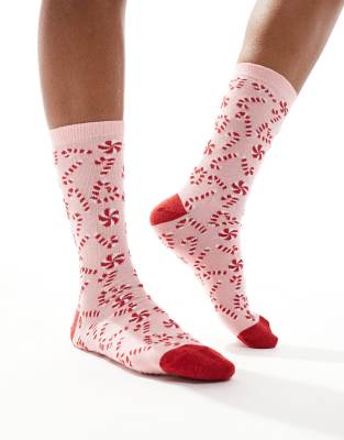 Accessorize - Weihnachten - Witzige Socken in Rosa und Rot mit Zuckerstangenmuster