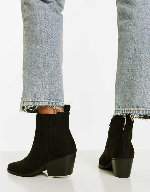 Accessorize western mid heeled boots in black faux suede