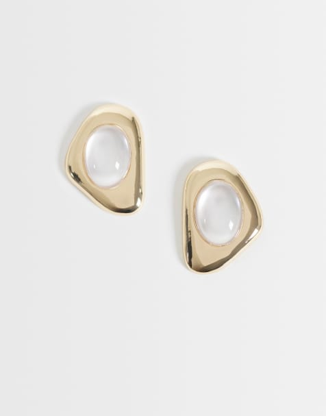 Accessorize white stone molten shield stud earrings in gold tone - view 1