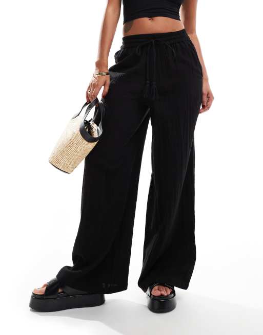 Women's Cotton Linen Capri Pants - Wide Leg Cropped Trousers With Drawstring Waist