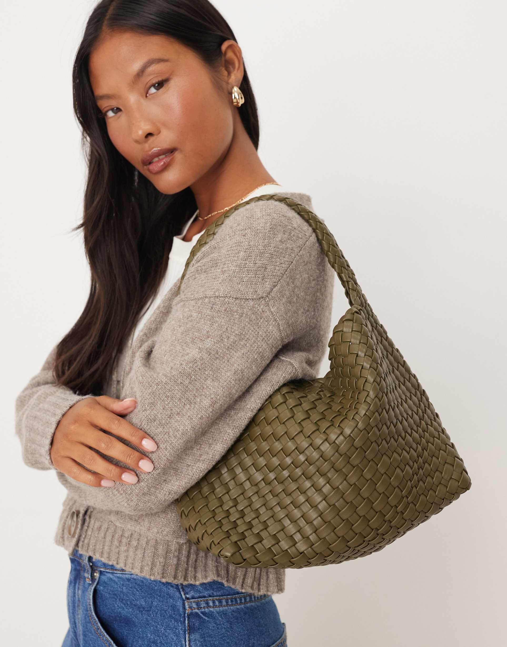 accessorize woven shoulder bag in olive green