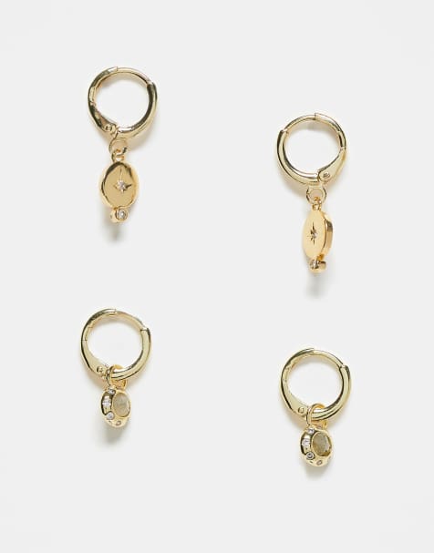 Accessorize Z 2x stone drop huggies earring in gold - view 1