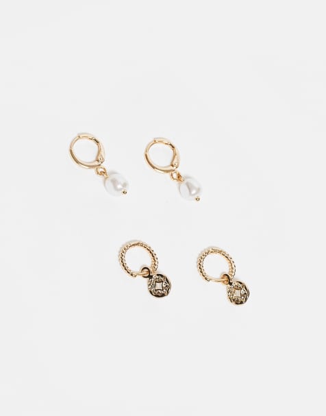 Accessorize Z coin and faux pearl hoop earrings set of 2 pairs in 14k gold plated - view 1