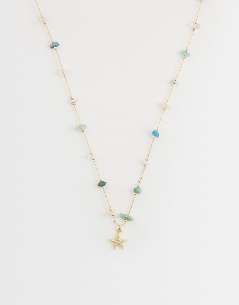Accessorize Z Collection 14ct gold-plated pink and green stationed starfish necklace - view 1