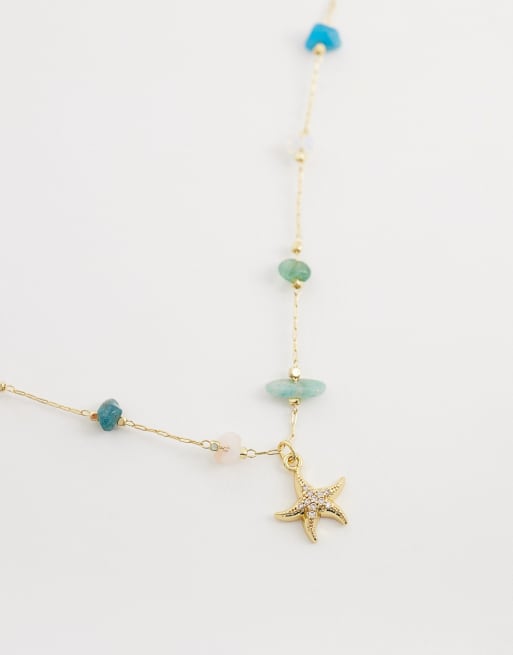 Accessorize Z Collection 14ct gold-plated pink and green stationed starfish necklace, 4 of 4