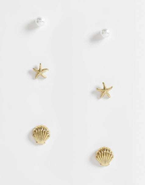 Accessorize – Z Collection – 3er-Pack Ohrringe mit Muschel-Design und 14-Karat-Vergoldung - view 1