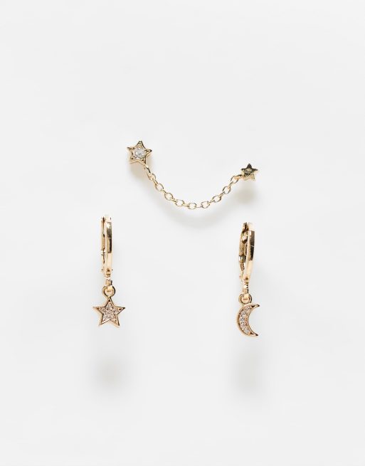 Accessorize – Z Collection – Platerowane złotem kolczyki kółka z zawieszkami astrologicznymi oraz gwiazdki na łańcuszku
