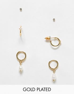Accessorize - Z Collection - Set van 3 paar oorknopjes en oorringen met parels in goudkleur